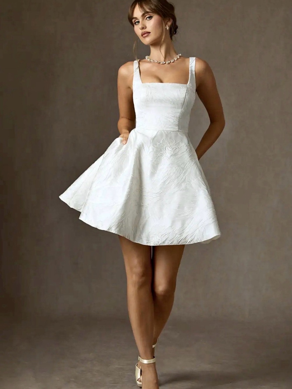 Azazie Regina Dress - White Textured Square-Neck Mini Dress